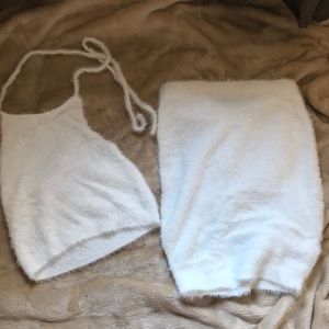 white fuzzy two piece set <3
